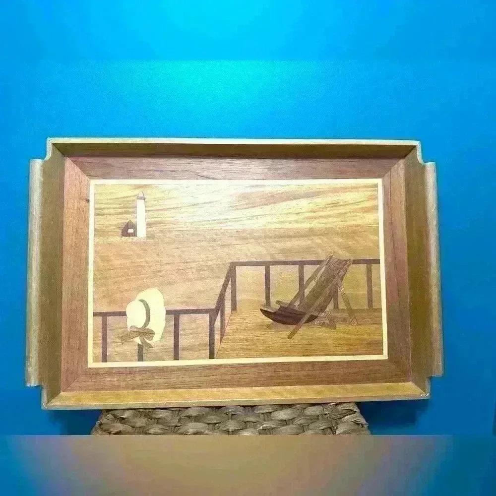 Vintage Marquetry Wood Inlay Serving Tray Light House Beach Scene